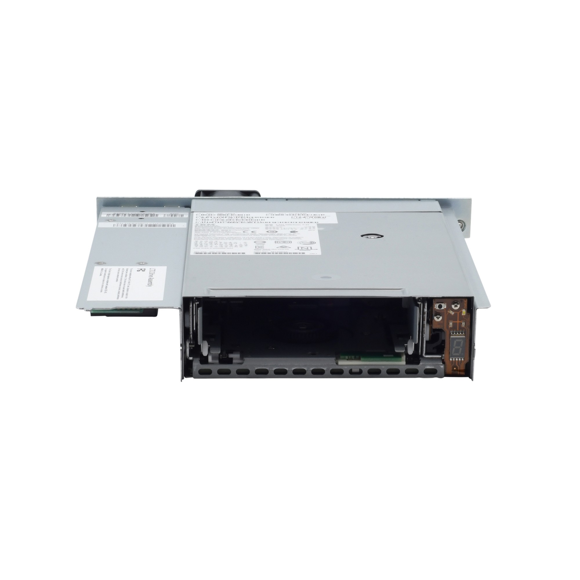 Silver metal add-on drive with an open front panel, featuring a green circuit board inside, labeled ports, and a white product information sticker on the top.