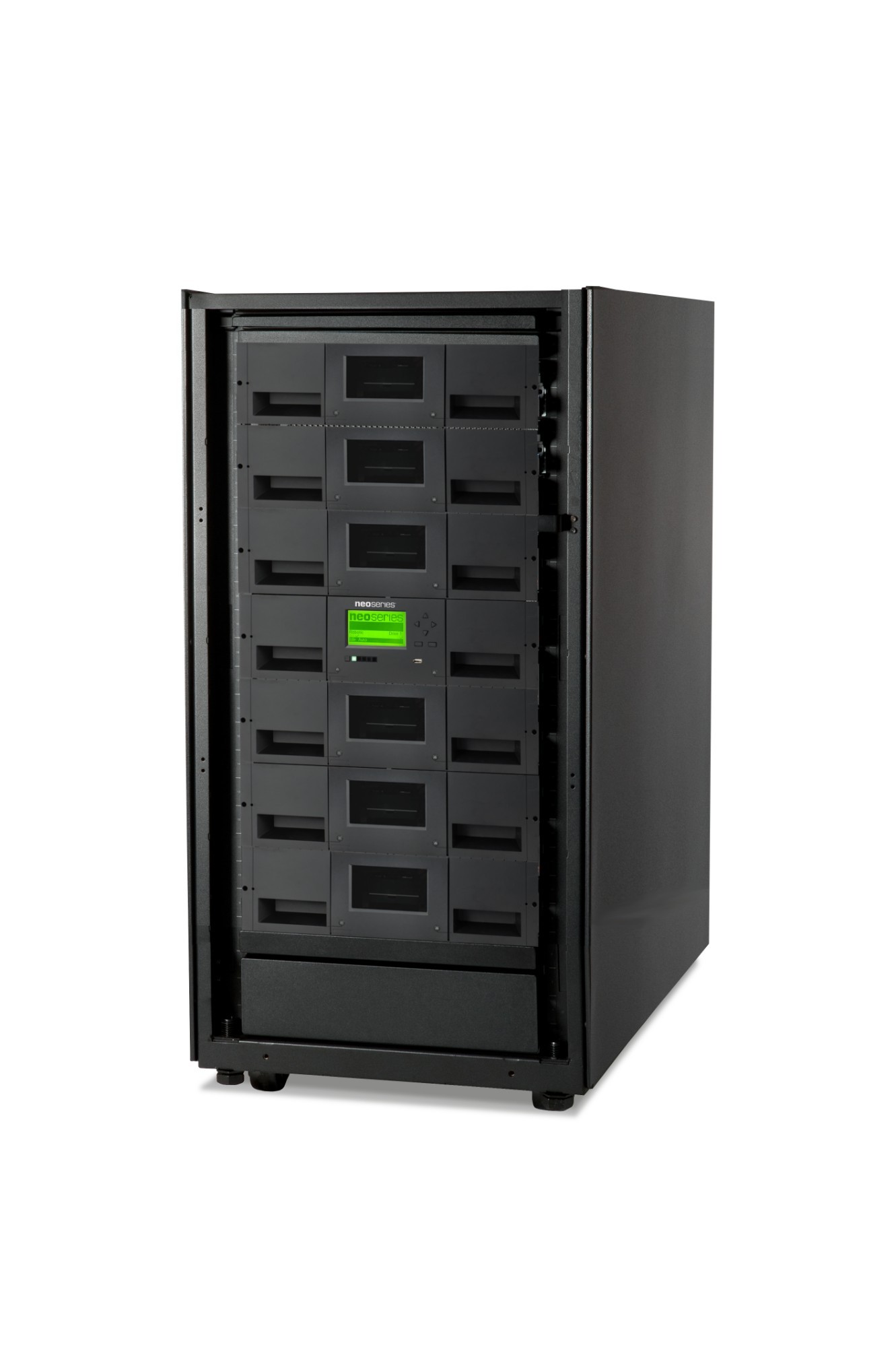 Black metal storage unit with multiple sliding drawers, featuring a green LED display panel and ventilation slots, designed for data expansion and storage solutions.