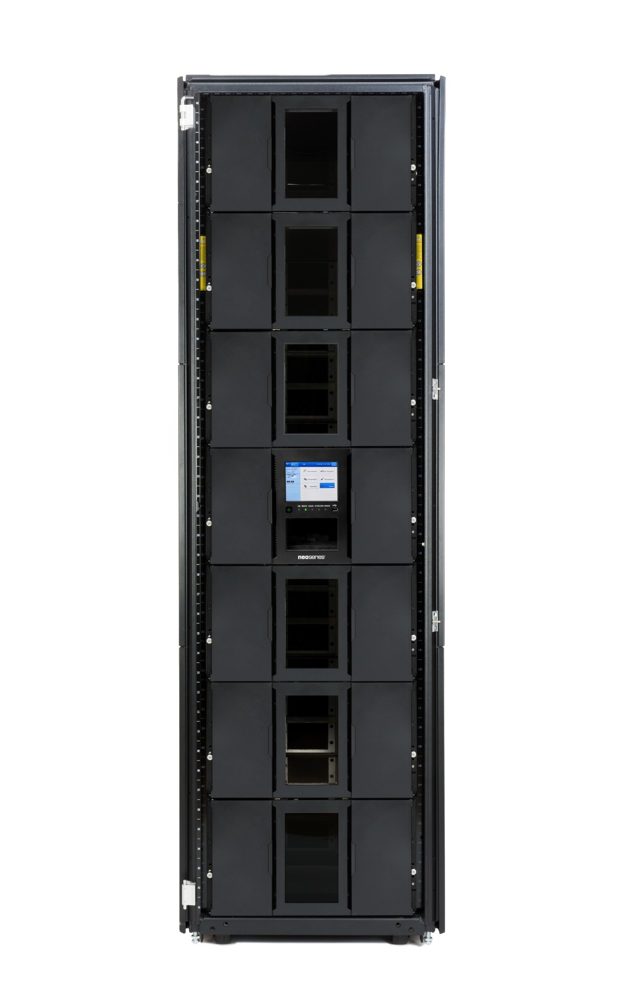 Black metal expansion module with multiple slots, featuring a central control panel and LED indicators, designed for data storage and management.