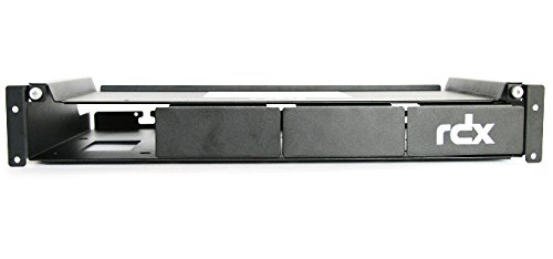 Black metal 1.5U rackmount chassis designed for 1-4 external RDX drives, featuring a sleek design with the "rdx" logo prominently displayed on the front.
