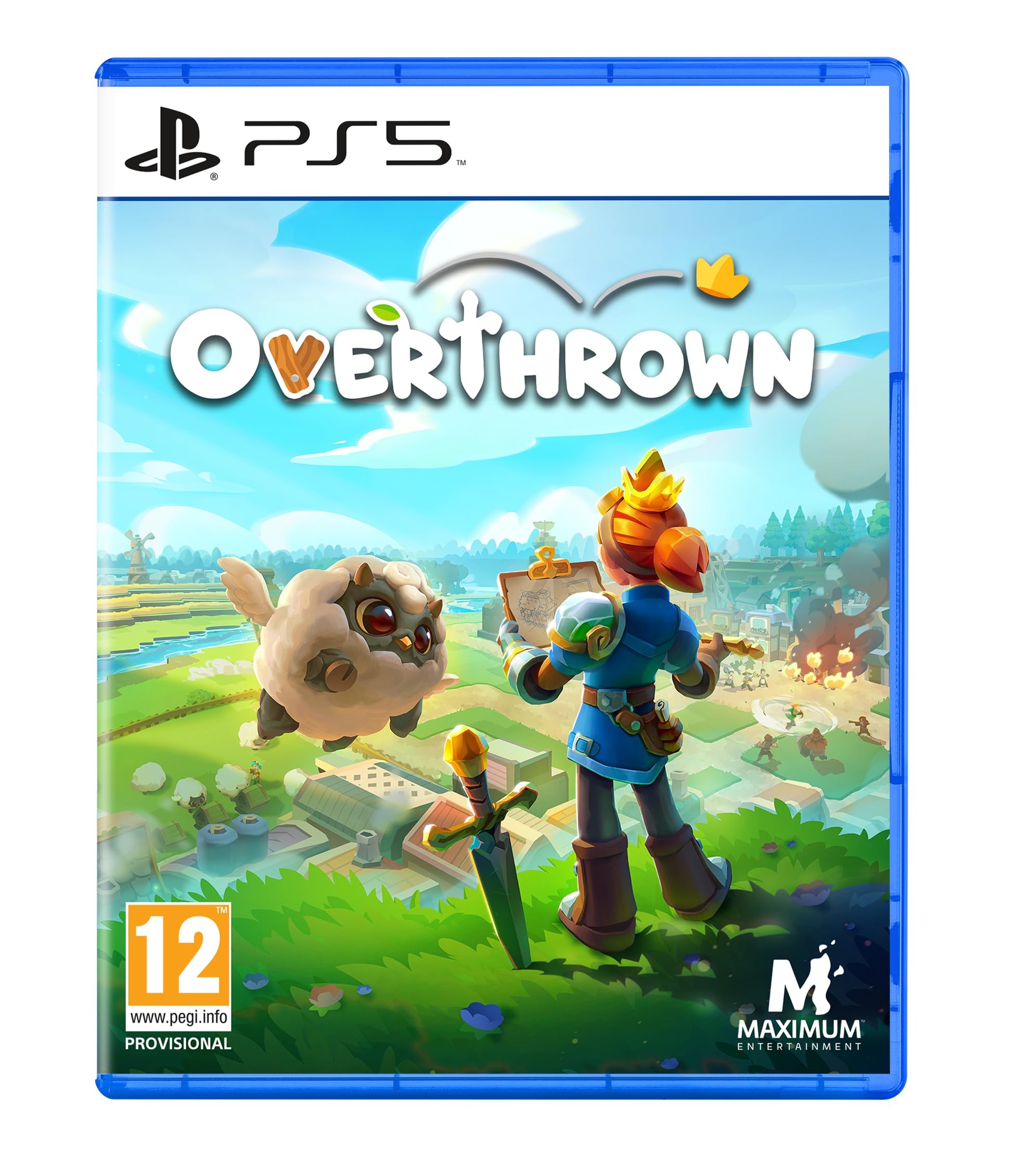 Cover art for "Overthrown" on PS5 featuring a colorful landscape, a character holding a sword, a sheep, and the title prominently displayed in playful lettering.