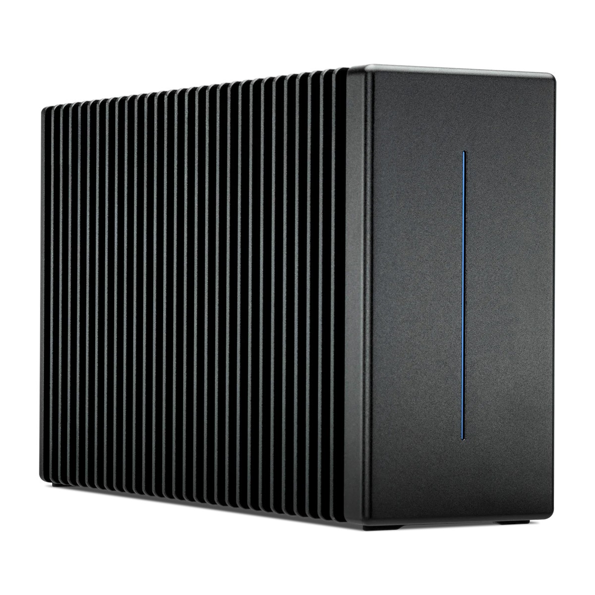 Black aluminum external storage device with a ribbed design, featuring a blue LED indicator and labeled as a 48.0TB OWC ThunderBlade X12 Thunderbolt 5 NVMe RAID SSD.