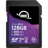 OWC Atlas Ultra 128GB SDXC UHS-II card with purple label, 300MB/s read, 250MB/s write speeds, V90, U3, C10 icons.