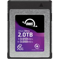 OWC Atlas Ultra 2TB CFexpress card, silver and black with purple label, read 3650MB/s, write 3000MB/s.