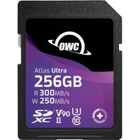 OWC Atlas Ultra 256GB SDXC card, black with purple label, white text showing read/write speeds and logos.