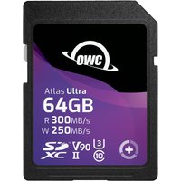 OWC Atlas Ultra 64GB SDXC UHS-II card, black with purple label, read 300MB/s, write 250MB/s, V90, U3, C10 icons.