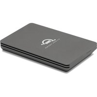 Black OWC Envoy Pro FX portable SSD with sleek design and Thunderbolt technology logo on top.