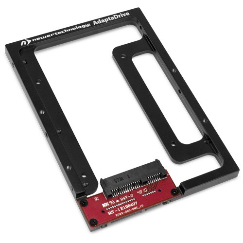 Black metal adapter frame with a red circuit board, designed for installing a 2.5" SSD or HDD into a 3.5" drive bay, featuring mounting holes and connectors.