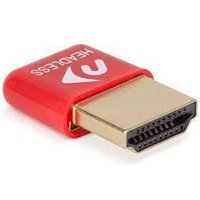 Red HDMI headless video accelerator with gold connector and white logo.