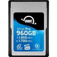 OWC 240GB CFexpress Type A memory card, silver and black with blue label, featuring read/write speeds and capacity.