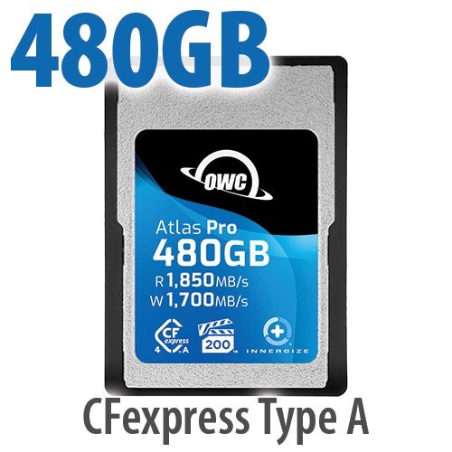 480GB OWC Atlas Pro CFexpress Type A memory card in a sleek black and silver design, featuring a blue label with storage capacity and speed specifications.