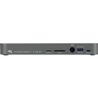 Grey OWC Thunderbolt 3 dock with multiple ports, including USB, SD card slot, and audio jack.