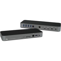 Gray OWC Thunderbolt 3 dock with multiple USB ports, Ethernet, audio jacks, and SD card slot, sleek rectangular design.