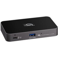 Grey OWC OWCTB4HUB5P laptop dock with Thunderbolt ports, USB 3.2 port, and sleek rectangular design.