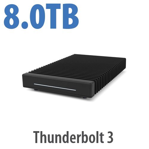 Black, sleek external SSD with ribbed design, featuring a blue LED indicator and labeled with "8.0TB" and "Thunderbolt 3" for high-speed data transfer.