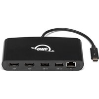 Black OWC Thunderbolt 3 mini dock with HDMI, DisplayPort, USB-A, Ethernet ports, and attached Thunderbolt cable.