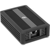 Black OWC Thunderbolt 4 Ethernet adapter with vented sides and a single Ethernet port on one end.