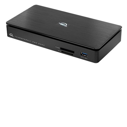 Sleek black aluminum Thunderbolt Pro Dock featuring multiple ports including 10GbE, USB-C, USB-A, and CFexpress card slot, designed for enhanced connectivity and performance.