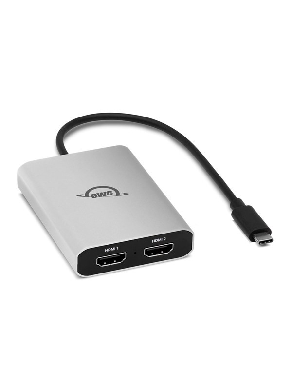 Silver OWC USB-C Dual HDMI 4K Display Adapter featuring two HDMI ports labeled "HDMI 1" and "HDMI 2," connected by a short USB-C cable.