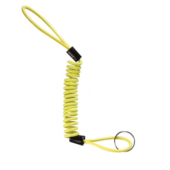 Bright yellow coiled cable with a loop at one end and a metal ring at the other, designed for securing items, featuring a durable plastic material.
