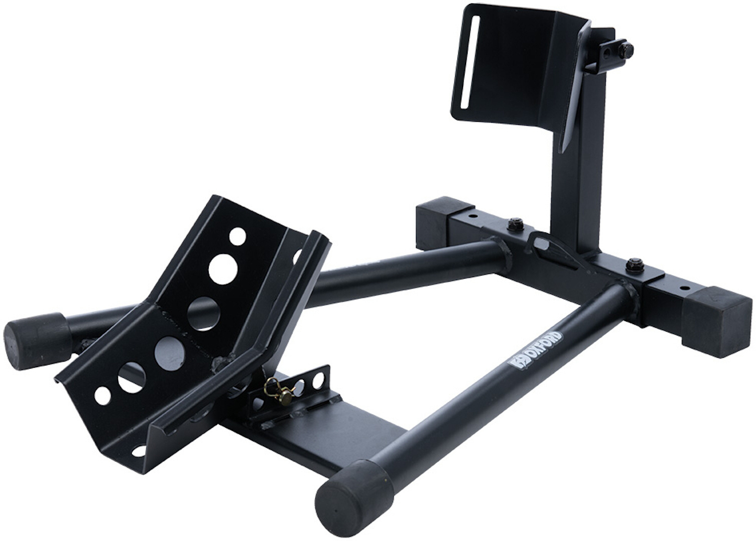 Black metal bike dock with a wheel chock feature, featuring a sturdy base, adjustable support arm, and rubber feet for stability.