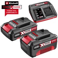 Black and red Ozito cordless fast charger with two Li-ion batteries, 2ah and 4ah, featuring power level indicators.