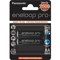 Panasonic 2500mAh 1.2V rechargeable AA batteries, black with white text, in a black and red blister pack.