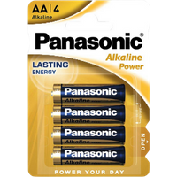 Panasonic Alkaline 4xAA Batteries in black with gold top, packaged in yellow and white blister pack.