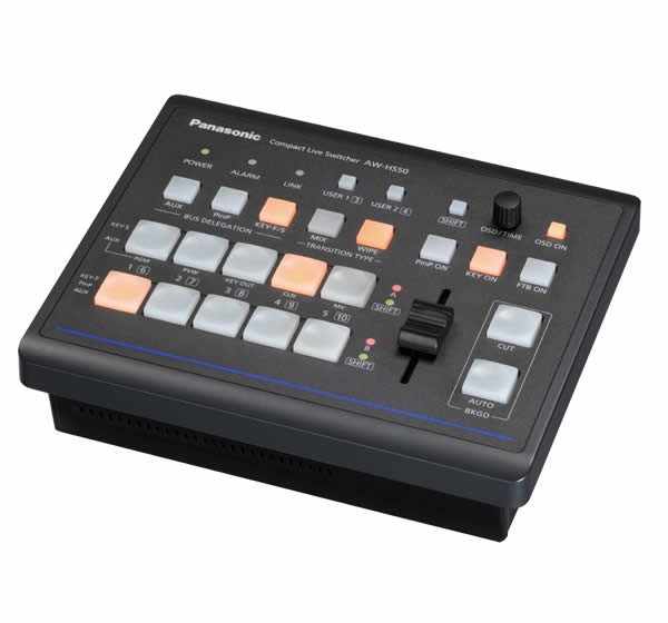 Panasonic AW-HS50 DVI is a compact black video switcher with a variety of buttons in orange and white, a joystick, and a sleek design for live broadcasting.
