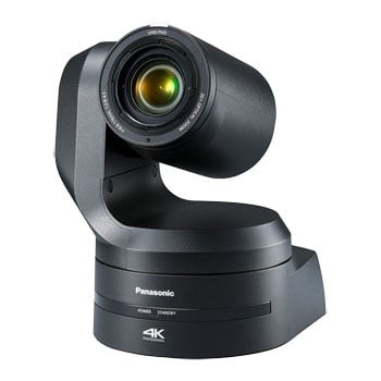 Black Panasonic AW-UE150AKEJ camera with a sleek design, featuring a large lens, 4K capability, and a smooth pan-tilt base for versatile positioning.