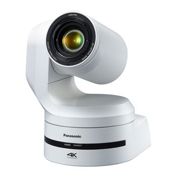 White Panasonic AW-UE150AWEJ camera with a sleek design, featuring a large lens and 4K capability, mounted on a sturdy base for stability and versatility in video production.