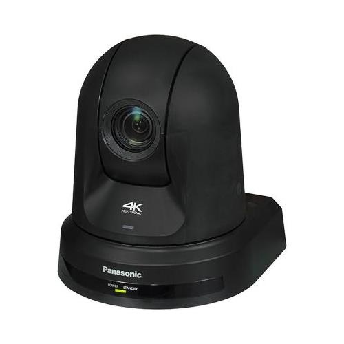 Black Panasonic AW-UE40KEJ video conferencing camera featuring an 8.49 MP lens, 3840 x 2160 resolution, and a sleek, rounded design on a sturdy base with power and status indicators.