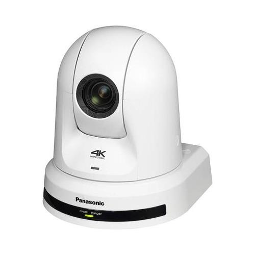 White Panasonic AW-UE40WEJ video conferencing camera with a rounded design, featuring a prominent lens and a base with power and status indicators.