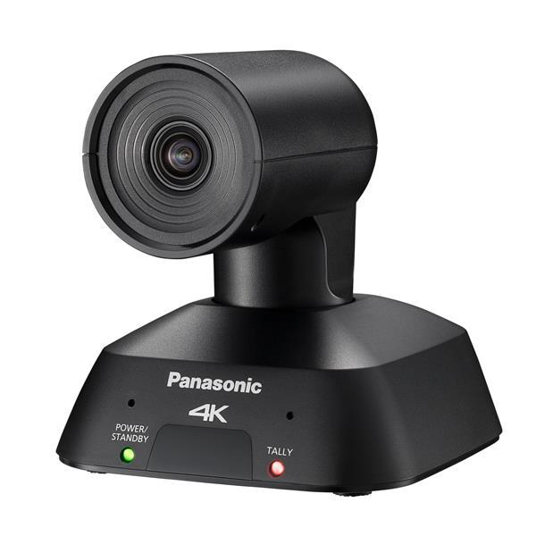 Panasonic AW-UE4KG video conferencing camera in black, featuring an 8.49 MP lens, compact design, and illuminated power/standby and tally indicators on the base.