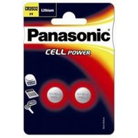 Panasonic CR2032 lithium coin batteries, 3V, 2-pack on branded blister card with red and yellow accents.