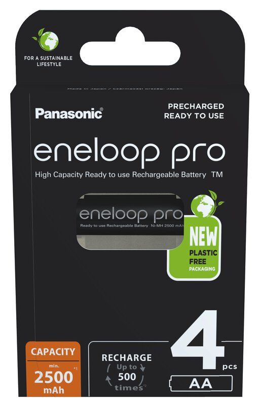 Four black Eneloop Pro rechargeable AA batteries in eco-friendly packaging, featuring a capacity of 2500mAh and labeled for sustainable use.
