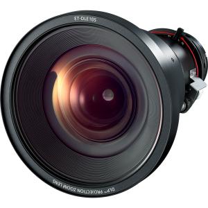 Panasonic ET-DLE105 zoom lens features a sleek black exterior with a wide glass lens at the front, designed for 1-chip DLP projectors, showcasing a professional optical build.