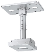 Silver metal projector mount accessory bracket with a flat top plate, adjustable pole, and multiple mounting holes for secure installation.