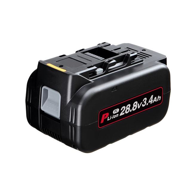 Black Panasonic battery pack with a 28.8V, 3.4Ah Li-ion rating, featuring a robust design and a secure locking mechanism on top.