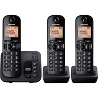 Black Panasonic DECT telephone set with three handsets, digital display, and base station with caller ID feature.