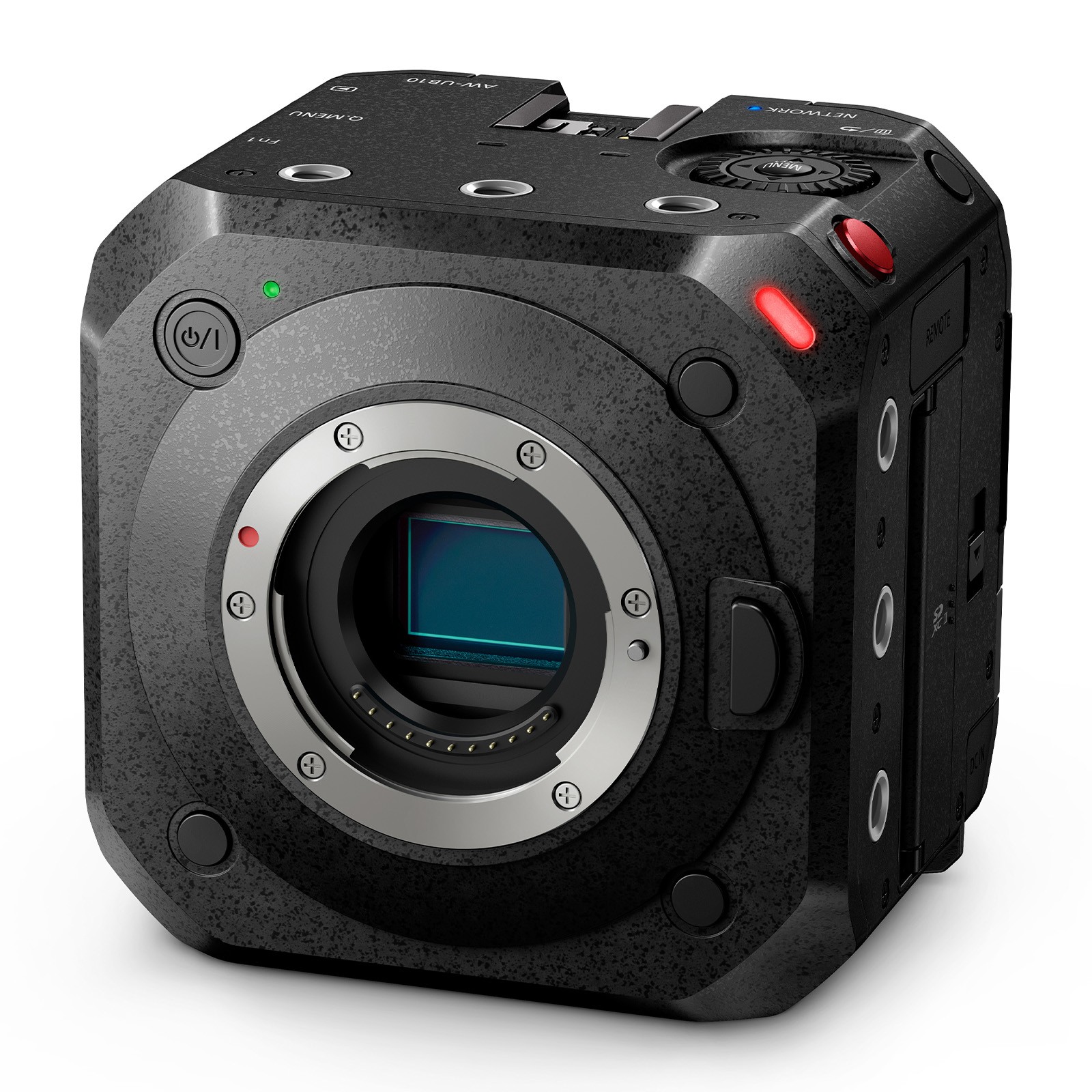 Compact black Panasonic PAN-AW-UB10E camera with a rugged design, featuring a prominent lens mount, control buttons, and LED indicators.