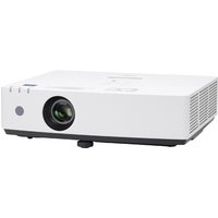 White Panasonic PT-LMX420 data projector with black lens, vented sides, and adjustable foot.