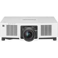 White Panasonic data projector with large central lens, vented sides, and control buttons on top.