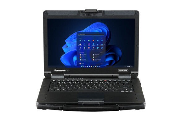 Panasonic Toughbook 55 laptop in black with a 14-inch display, featuring Intel Core i5 processor, 16 GB RAM, 512 GB SSD, and Windows 11 Pro interface.
