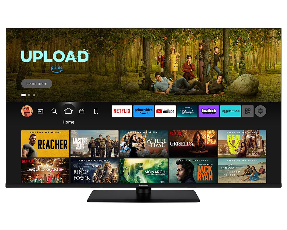 55-inch Panasonic QLED 4K Smart TV with a sleek black frame, displaying a vibrant home screen featuring streaming apps like Netflix and Prime Video.