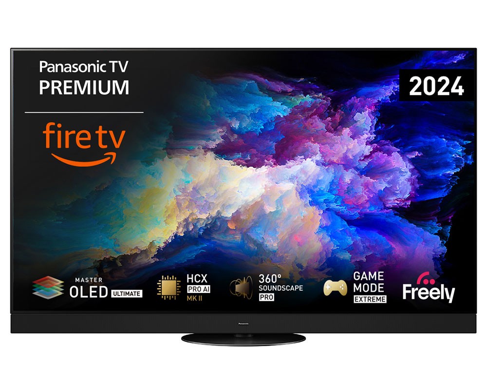 Panasonic 65-inch Master OLED TV featuring a vibrant display with Dolby Vision, Fire TV integration, and sleek black design, showcasing various app icons and features.