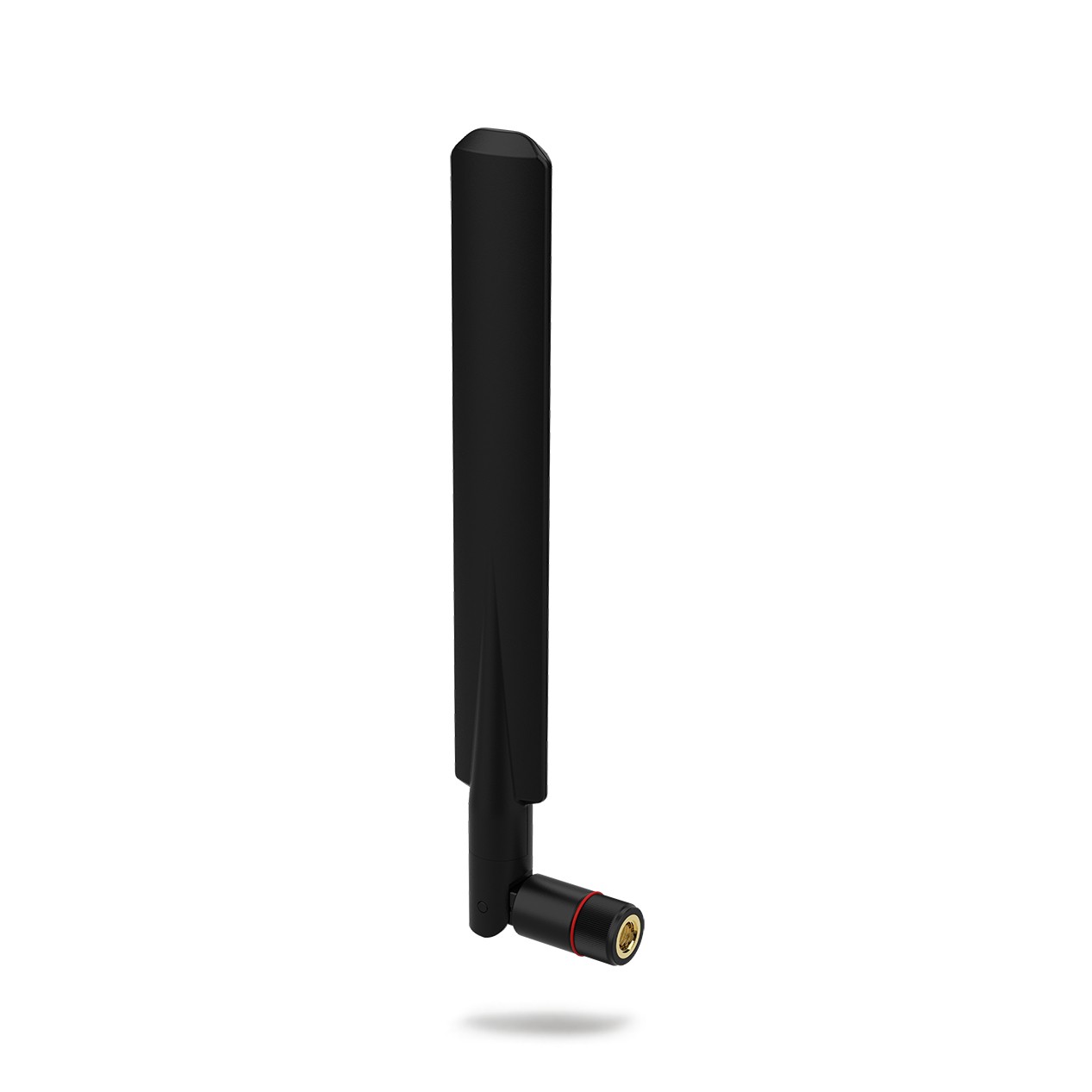 Black omnidirectional antenna with a sleek, cylindrical design, featuring a right-angle SMA connector at the base and a red accent near the connector.