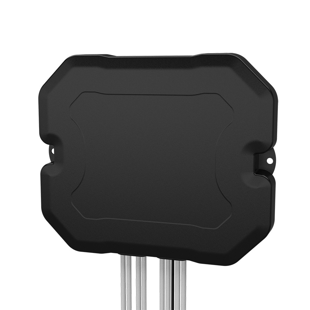 Black, rugged 4G/5G antenna with a sleek design, featuring a flat surface and four metal mounting poles for omni-directional connectivity.