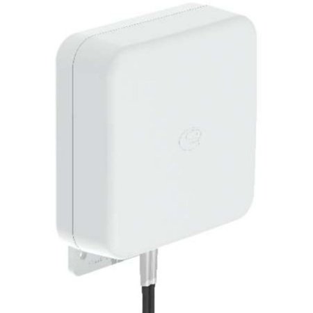 White, compact panel antenna with a smooth finish, featuring a single coaxial cable attached, designed for wall mounting, suitable for fixed installations.