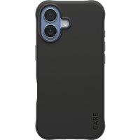 Black PanzerGlass CARE™ Samba Case for iPhone 17 with MagSafe, smooth finish, dual camera cutout, CARE logo at bottom.